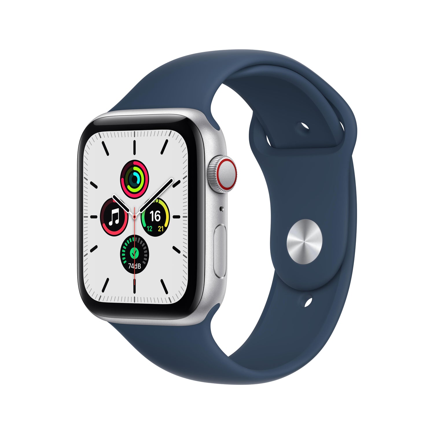 ساعة Apple Watch SE GPS + شريحة، 44 مم، إطار من الألمنيوم الفضي مع Loop رياضي أزرق غامق - عادي