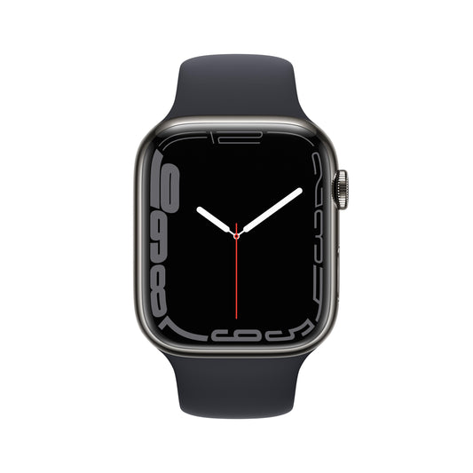 Apple Watch Series 7 GPS + Cellular ، هيكل من الستانلس ستيل الجرافيت مقاس 45 ملم مع حزام رياضي لون اسود - عادي