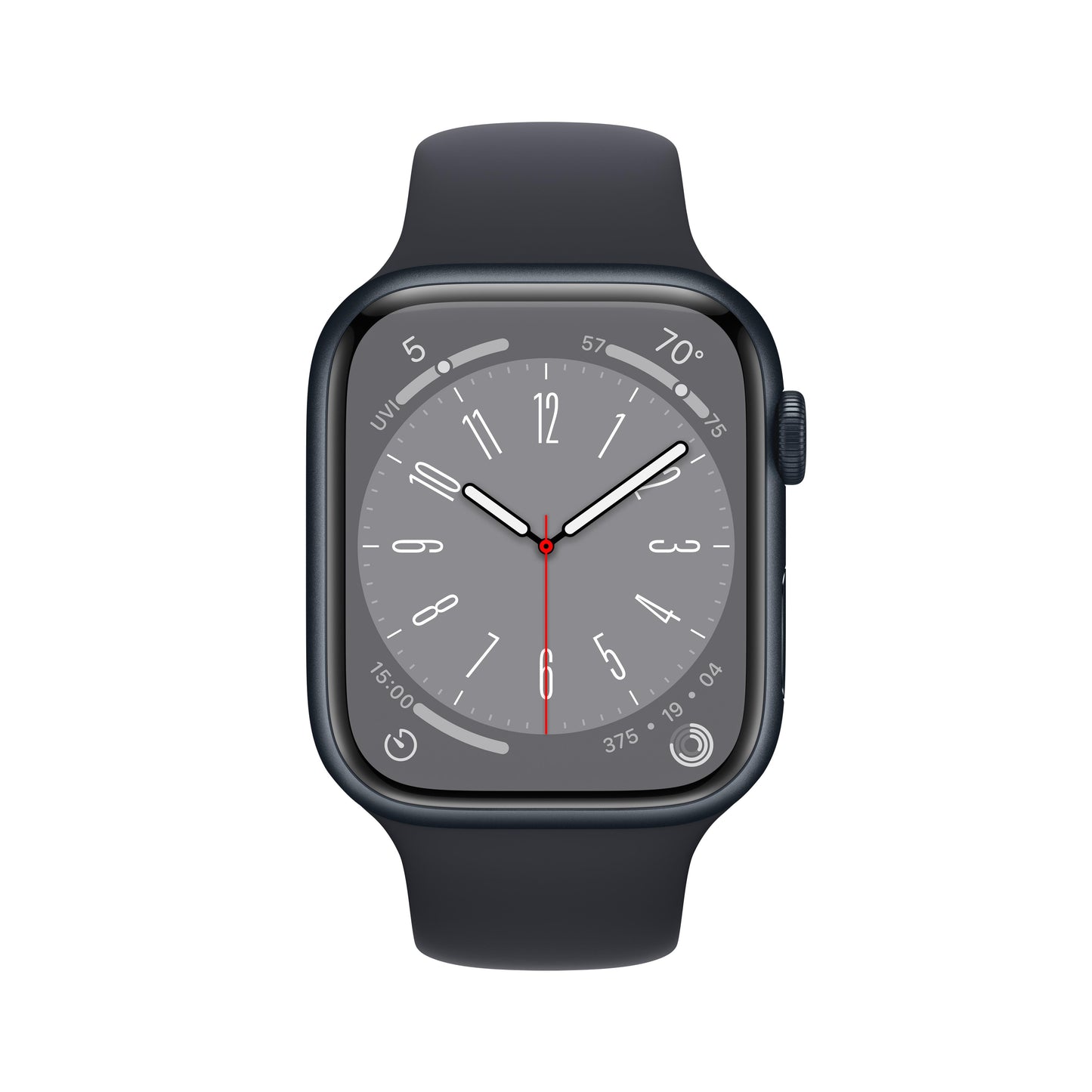 ساعة Apple Watch Series 8 GPS + شريحة 45 مم، إطار من الألمنيوم اللون ميدنايت مع Loop رياضي ميدنايت - عادي