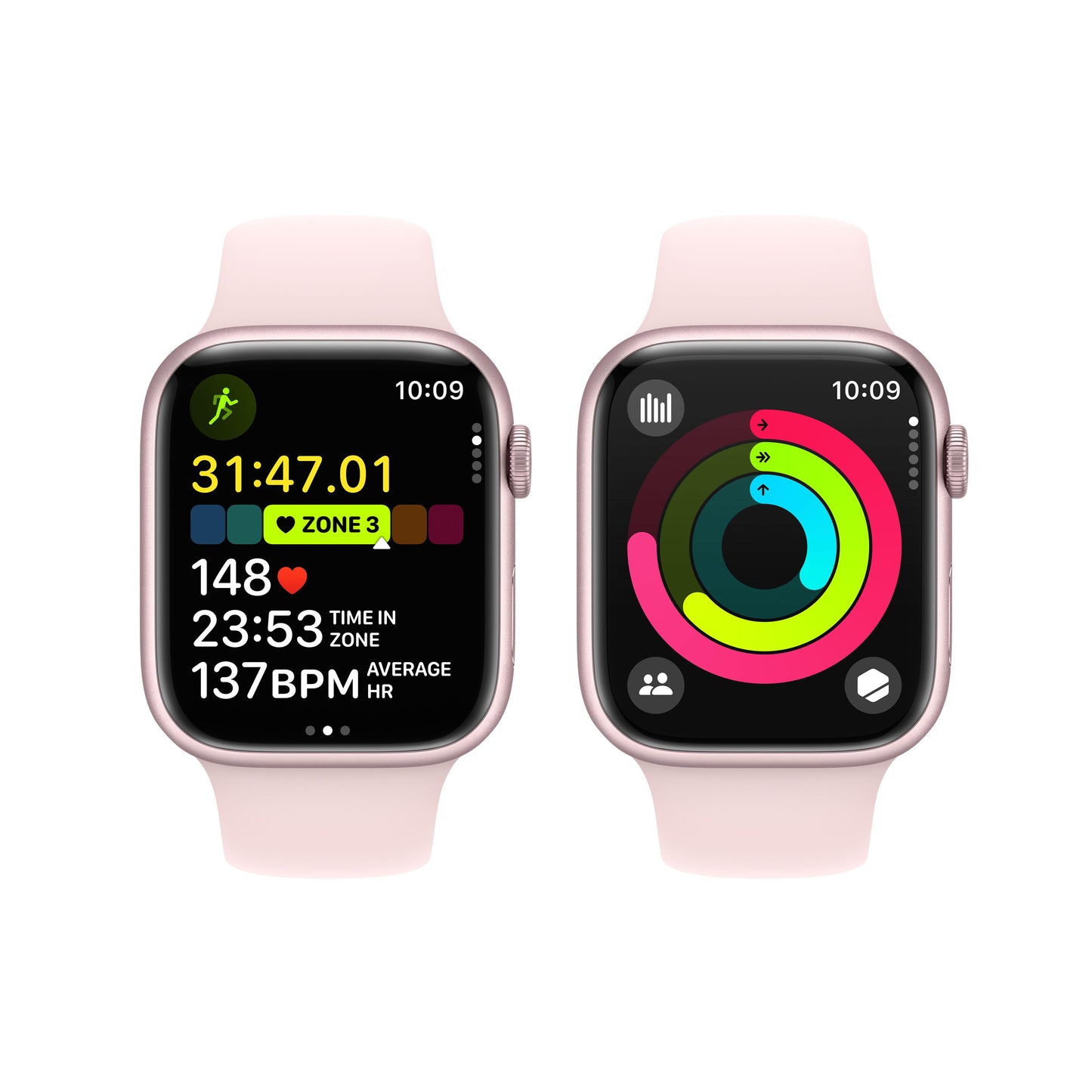 ساعة Apple Watch Series 9 GPS +Cellular مقاس 41 مم، إطار ألمنيوم وردي، حزام رياضي وردي فاتح - S/M