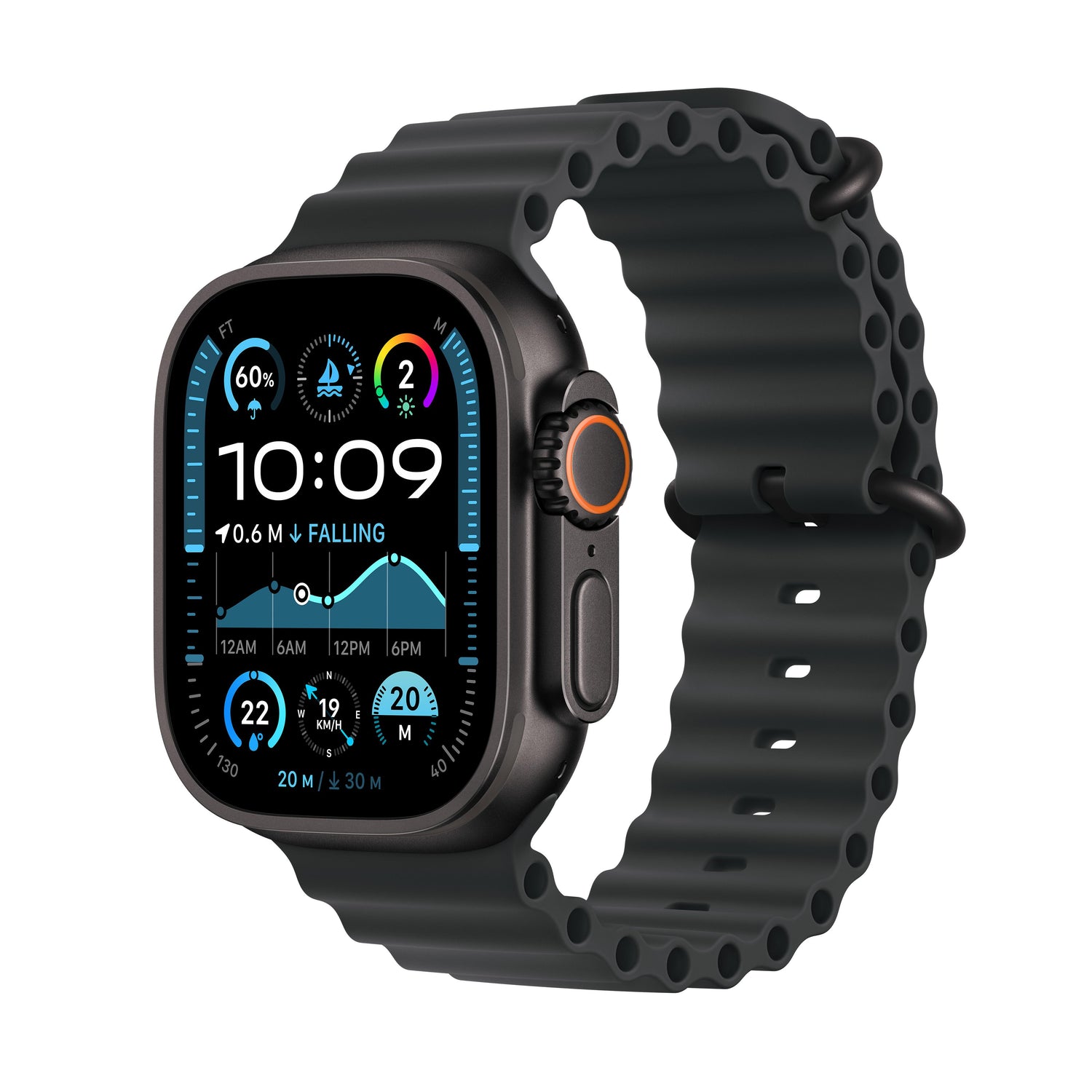 ساعة Apple Watch Ultra 2 GPS + Cellular مقاس 49 مم، وإطار من التيتانيوم أسود، حزام أسوم