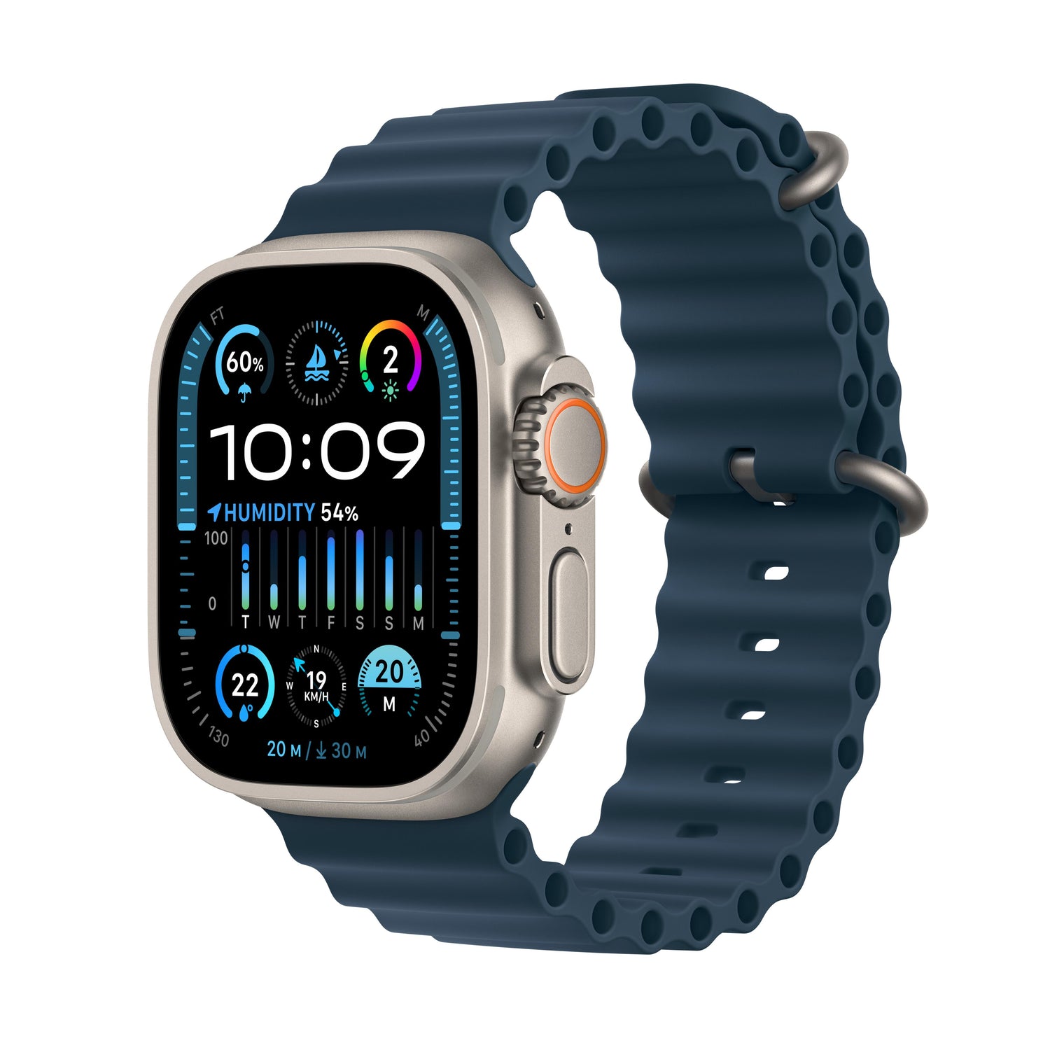 ساعة Watch Ultra 2 GPS + Cellular مقاس 49 مم، وهيكل تيتانيوم مع حزام المحيط الازرق
