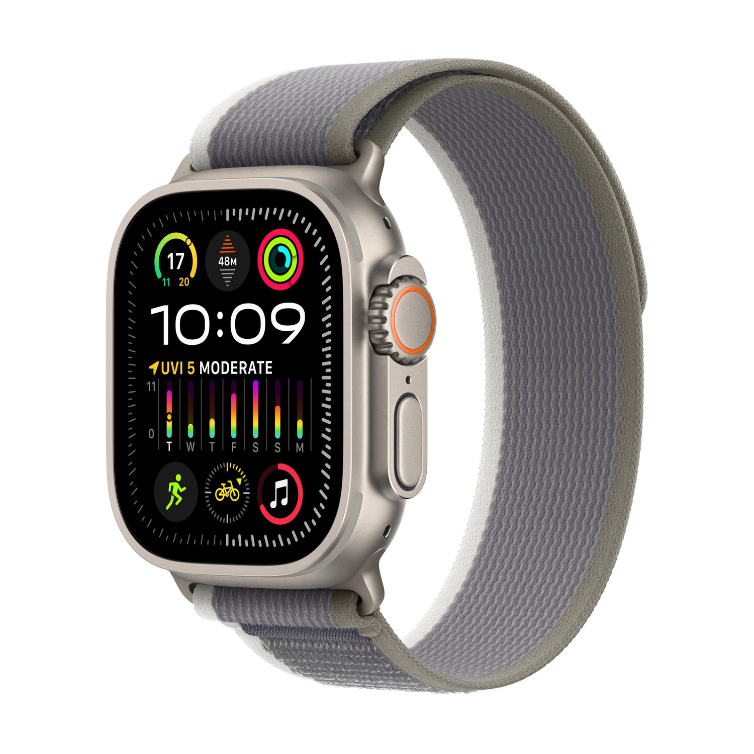 ساعة Apple Watch Ultra 2 GPS + Cellular مقاس 49 مم، إطار تيتانيوم، حزام ترايل أخضر/رمادي - M/L
