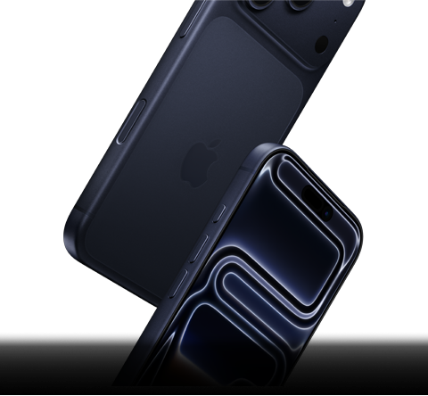 Two iPhone 17 Pro devices in Deep Blue, one front-facing and one rear-facing, falling to depict all-around durability