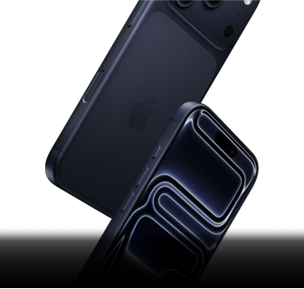 Two iPhone 17 Pro devices in Deep Blue, one front-facing and one rear-facing, falling to depict all-around durability