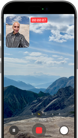 iPhone 17 Pro in silver, front, screen shows front- and rear-cameras recording video simultaneously