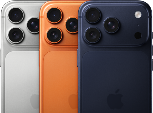 Three iPhone 17 Pro models, back, Silver, Cosmic Orange, and Deep Blue, are overlapping, partially visible. All 3 models have a Pro Fusion camera system in the top left corner, 3 lenses, microphone, flash, Apple logo in center