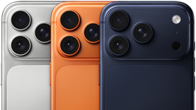 Three iPhone 17 Pro models, back, Silver, Cosmic Orange, and Deep Blue, are overlapping, partially visible. All 3 models have a Pro Fusion camera system in the top left corner, 3 lenses, microphone, flash, Apple logo in center