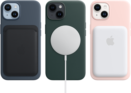 iPhone 14 MagSafe cases in midnight, forest green, and chalk pink with MagSafe accessories, wallet, charger, and a battery pack.