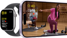 Apple Watch Series 11, aluiminum silver case, Workout metrics, stone gray Sport Band, workout video playing on paired iPhone