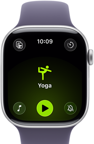 Apple Watch Series 11, aluminum silver case, Yoga Workout open, right side exterior: Digital Crown, purple fog Sport Band