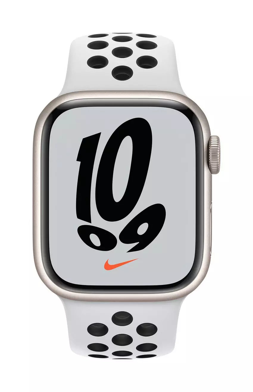 Apple Watch Nike Series 7 GPS, 41mm Starlight Aluminium Case with Pure Platinum/Black Nike Sport Band - Regular