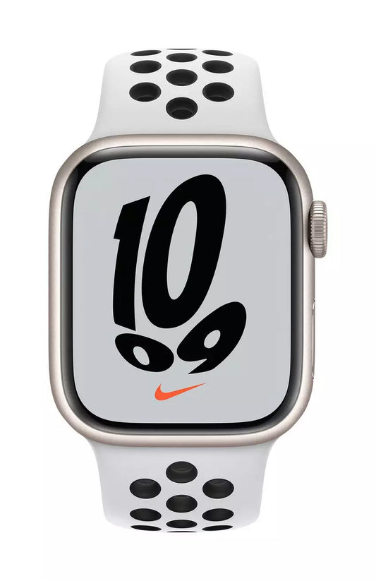 ساعة Apple Watch Nike Series 7 GPS، 41 مم، إطار ألمنيوم ستارلايت مع Loop Nike سبورت بلاتينيوم/أسود