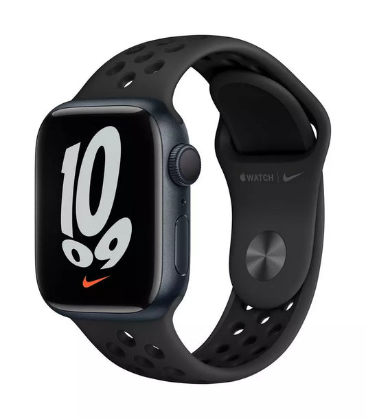 ساعة Apple Watch Nike Series 7 GPS، 41 مم، إطار من الألمنيوم اللون الأسود الليلي مع Loop Nike الرياضي باللون الأنثراسيت/الأسود