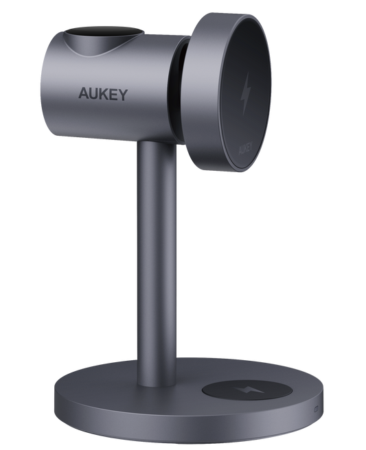 Aukey 3-In-1 Wireless Fast Charger Compatible Wth Iphone & Android - Grey