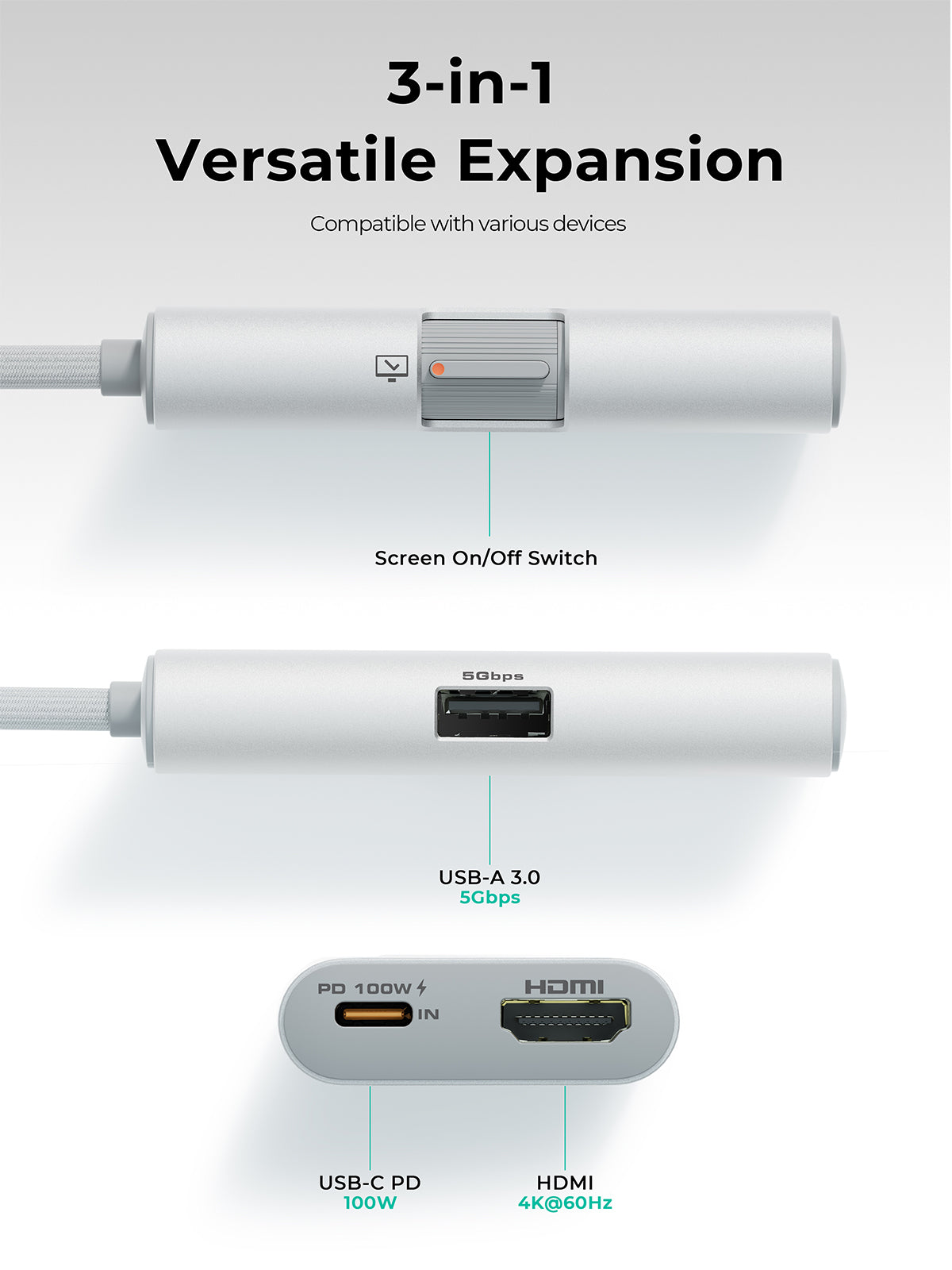Aukey Travel Dok 3 In 1 Usb-C To 3-Ports Hub Sv