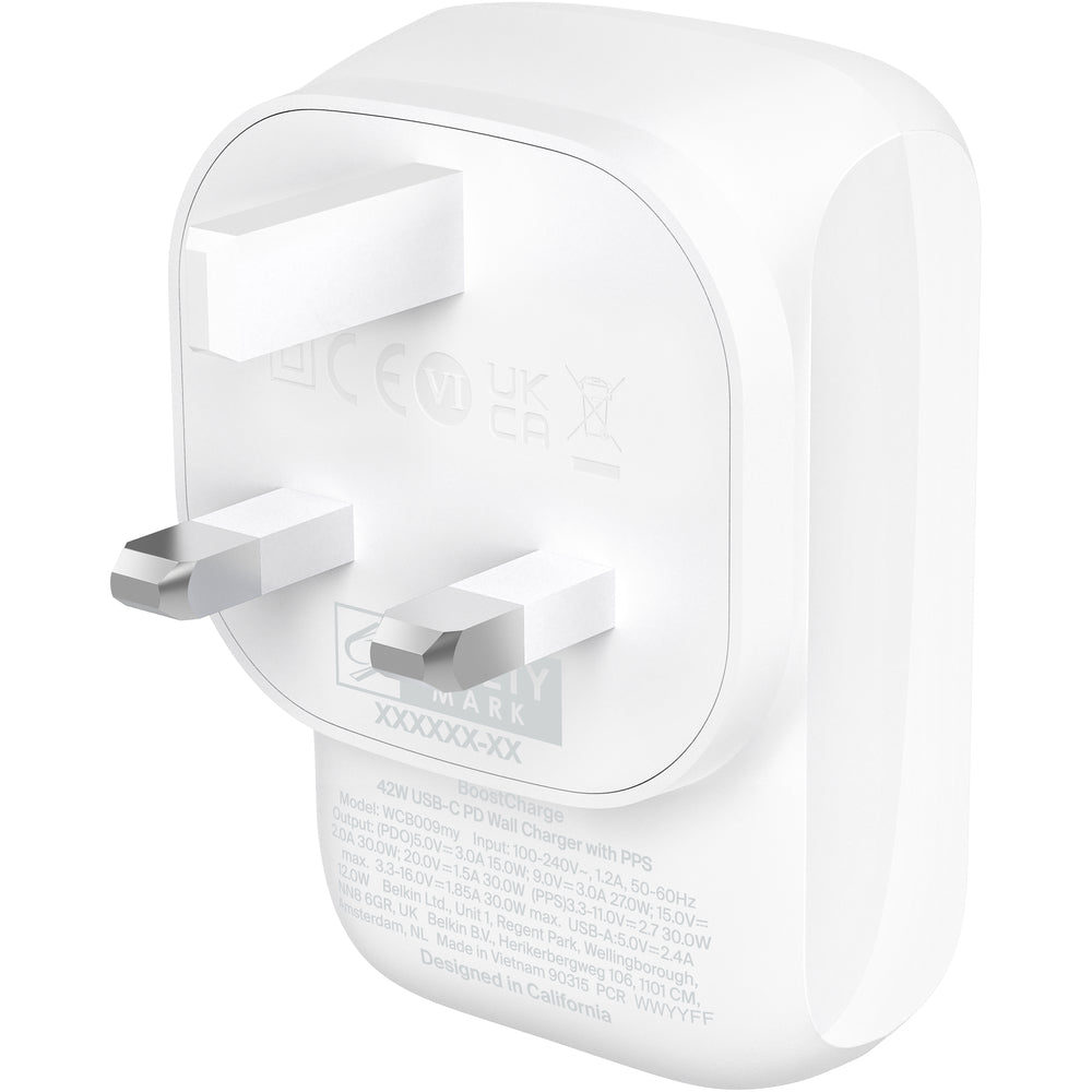 Belkin 42W PD Wall Charger, USB-C & USB-A - White