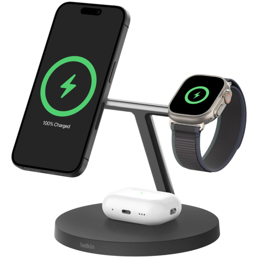 Belkin BoostCharge Pro 15W Qi2 3-in-1 Wireless Charger - Black