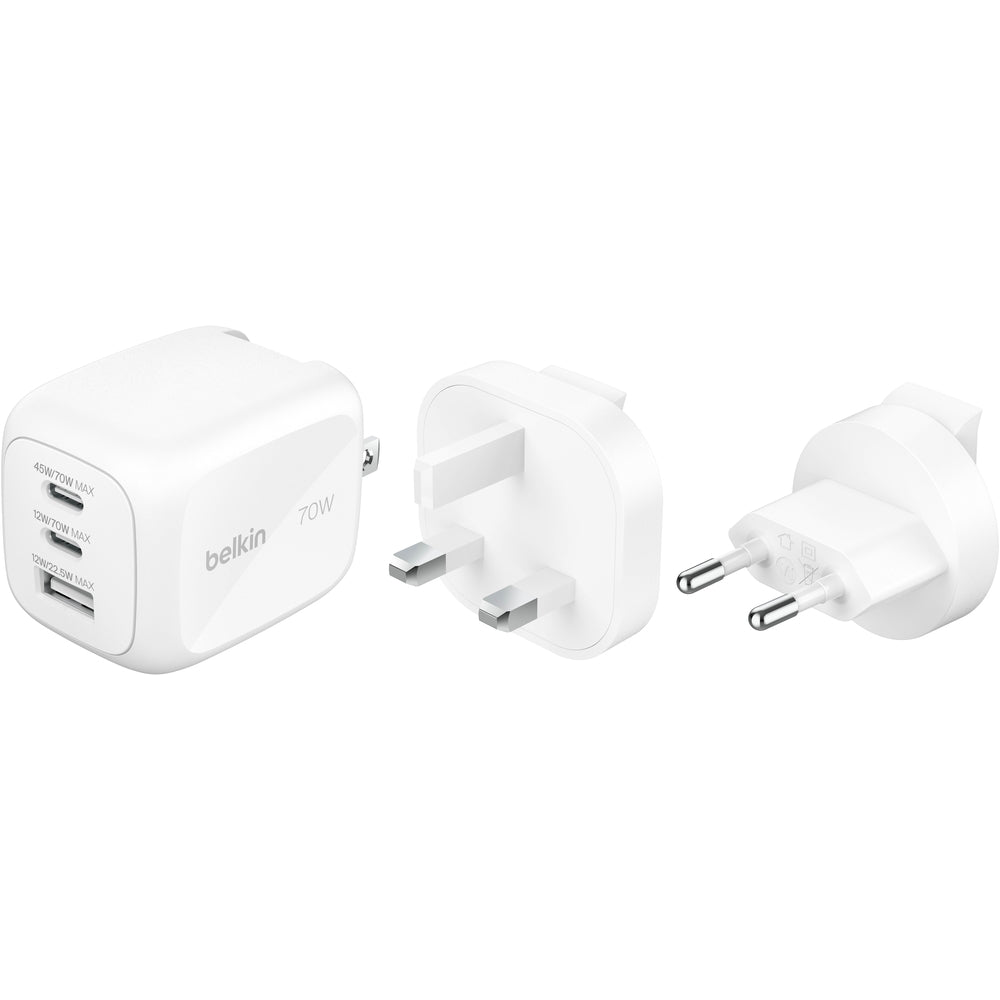 Belkin BoostCharge Pro 70W GaN 3-Port Charger, 2x USB-C & USB-A - White