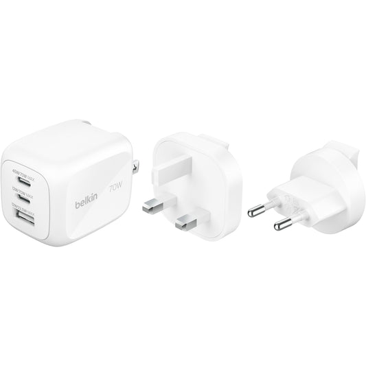 Belkin BoostCharge Pro 70W GaN 3-Port Charger, 2x USB-C & USB-A - White