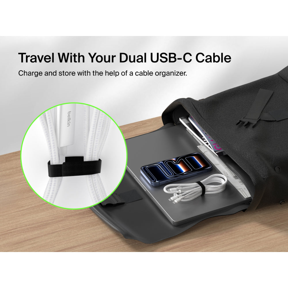 Belkin 140W Braided USB-C to Dual USB-C Cable, 1.5m - White