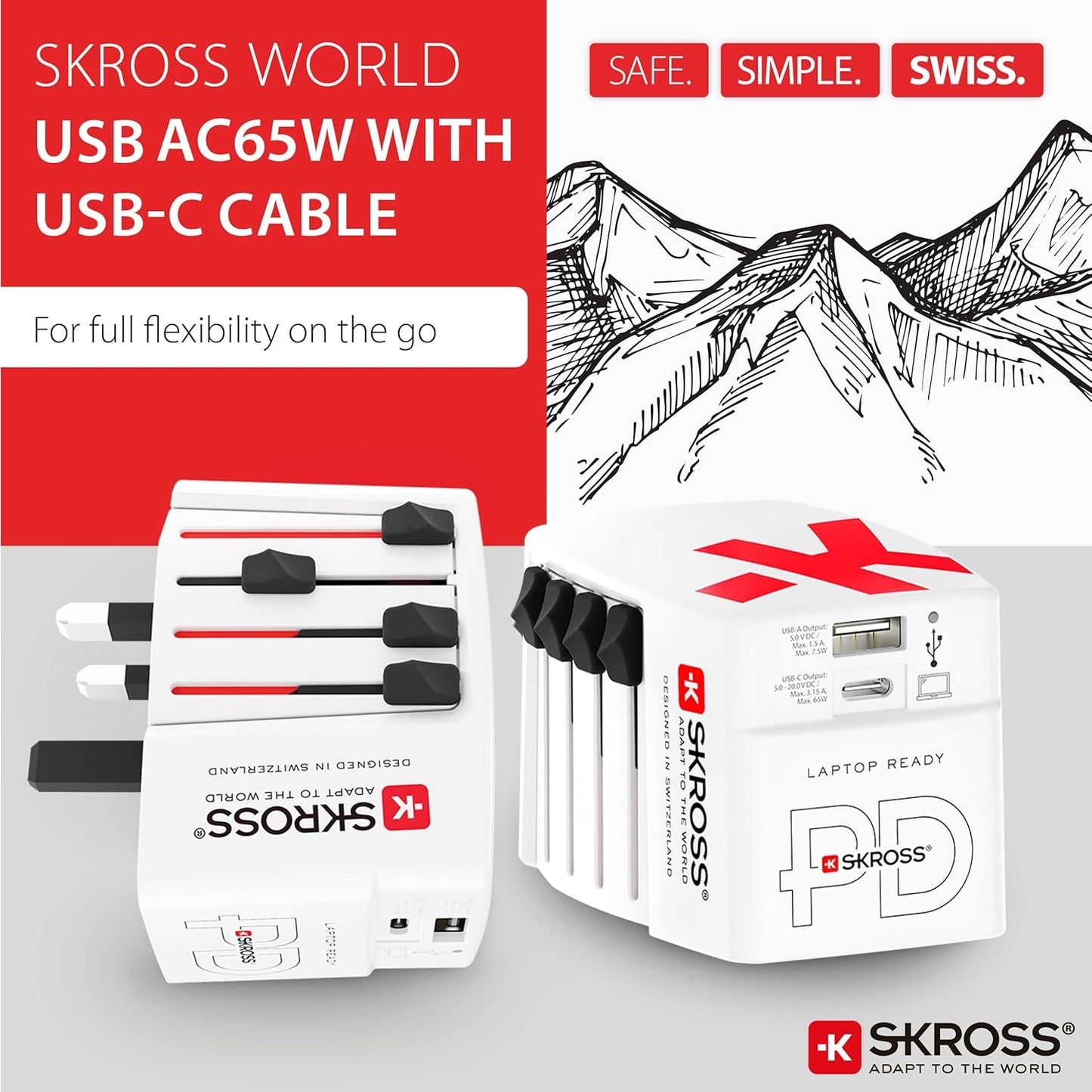 Skross World USB Charger AC65PD With USB C Cable