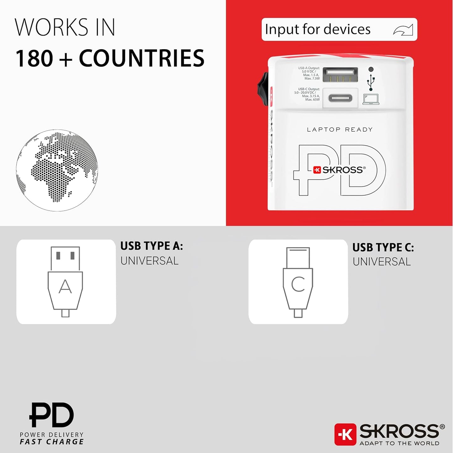 Skross World USB Charger AC65PD With USB C Cable
