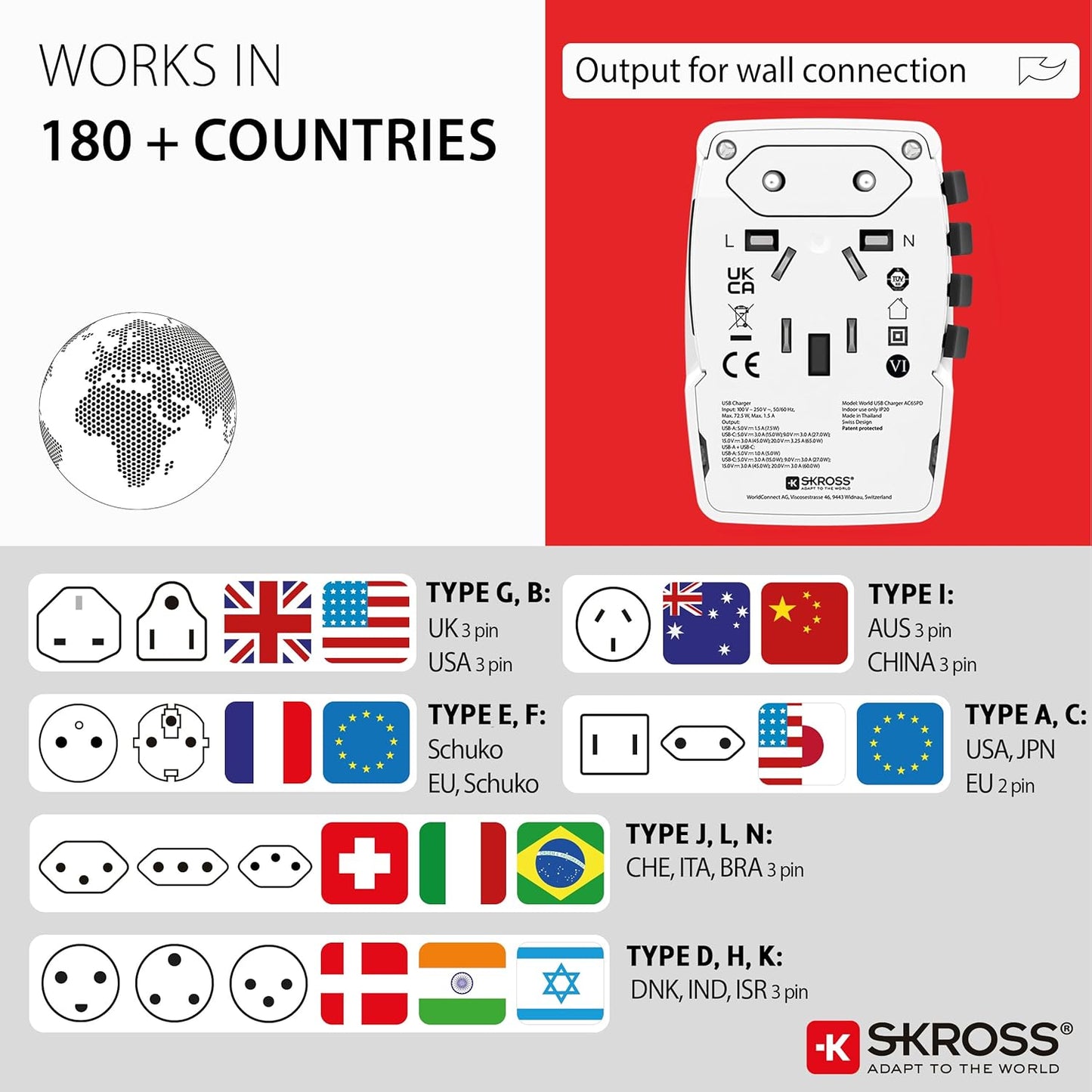 Skross World USB Charger AC65PD With USB C Cable