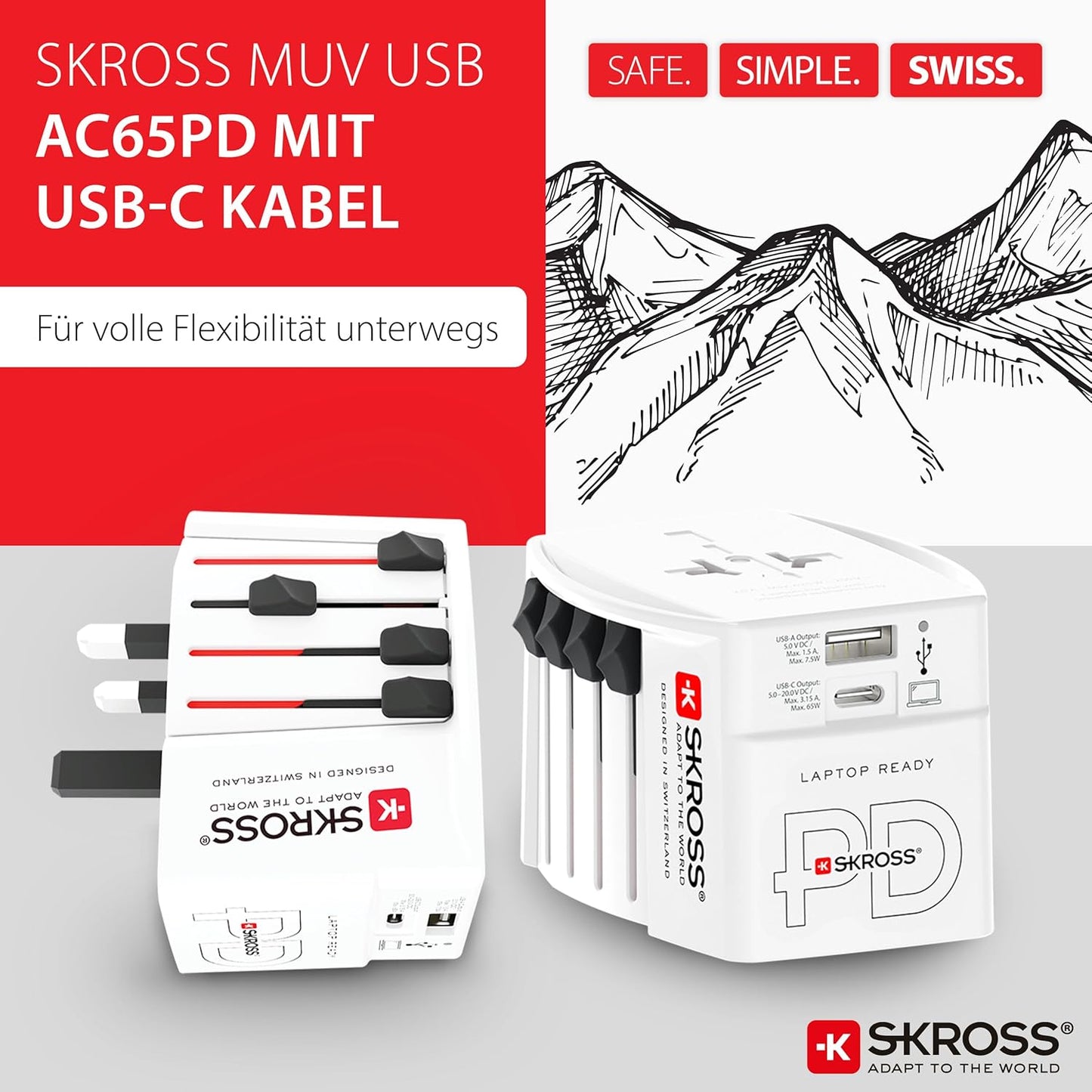 Skross MUV USB Charger AC65PD With USB C Cable