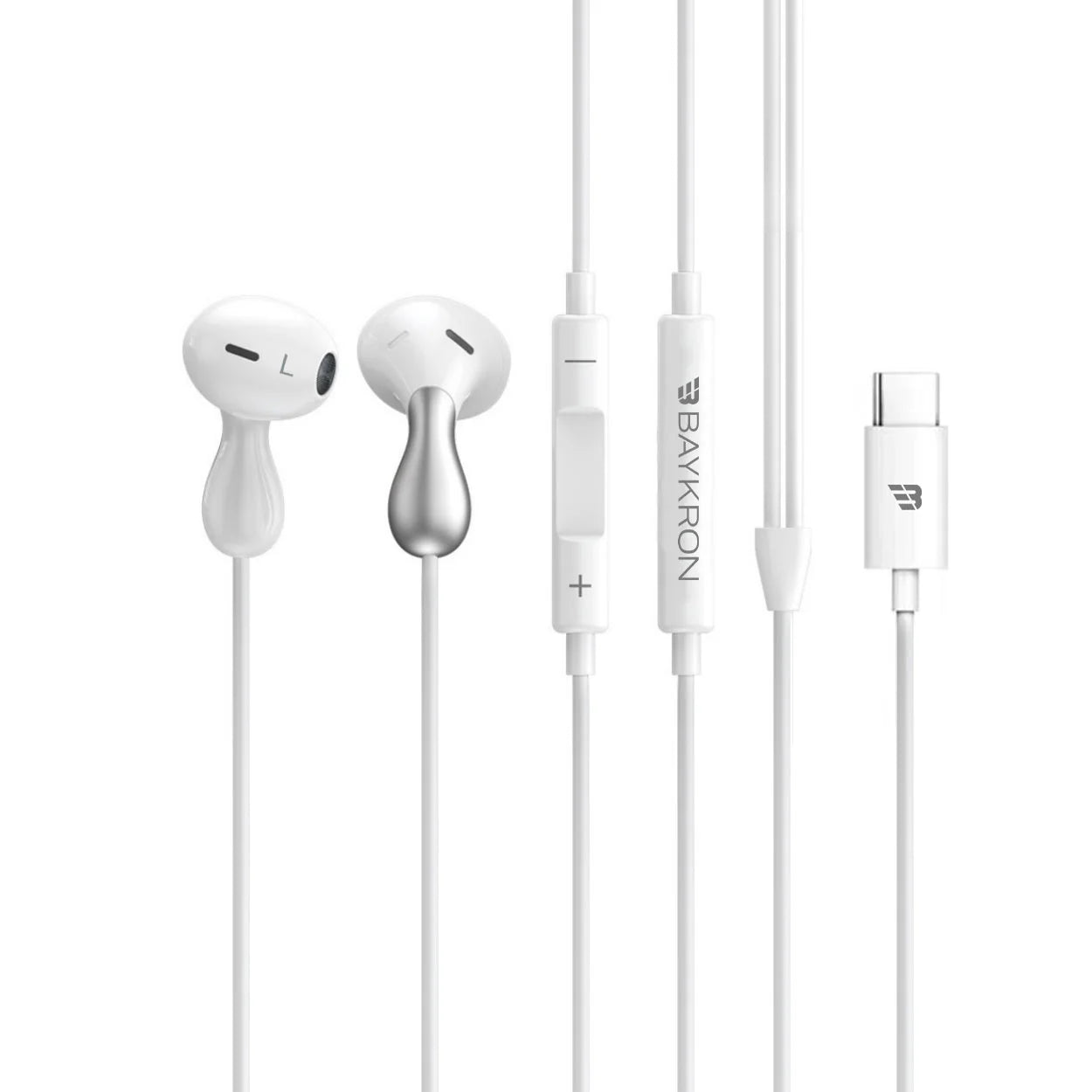 Baykron Basic Earphones USB-C with Microphone, White & Silver