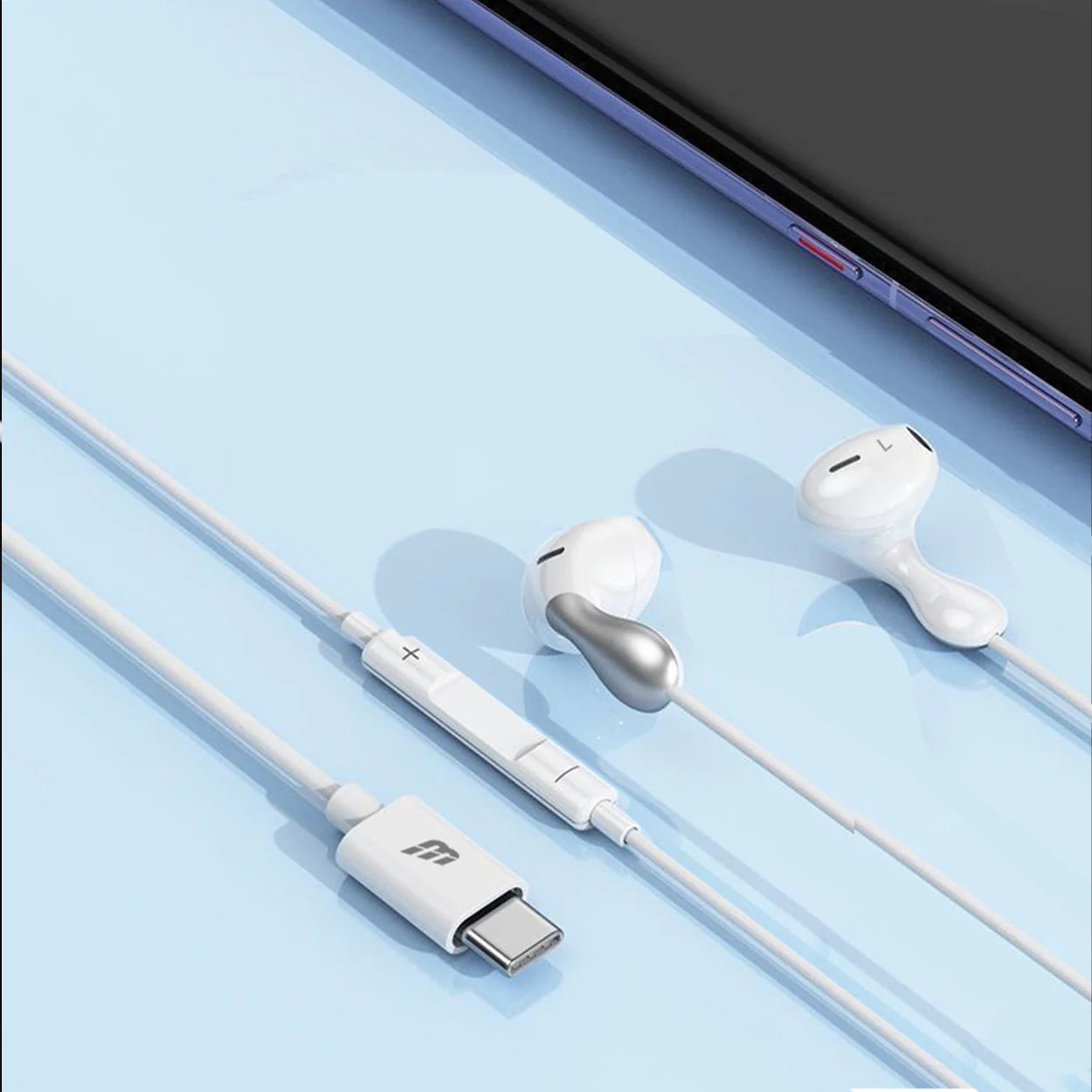 Baykron Basic Earphones USB-C with Microphone, White & Silver