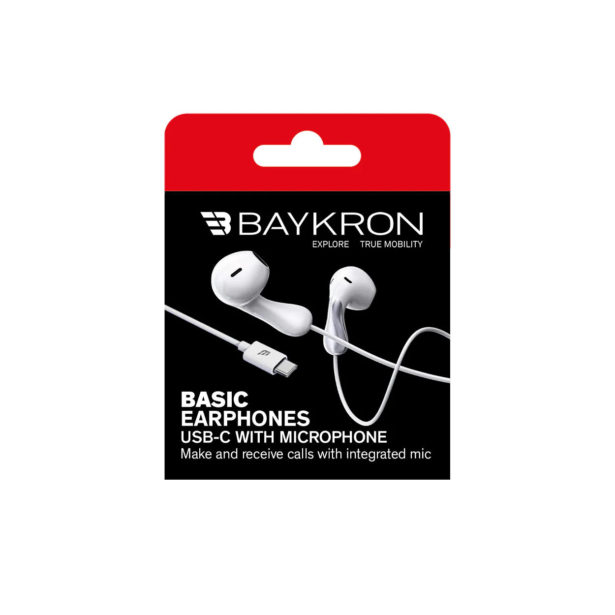 Baykron Basic Earphones USB-C with Microphone, White & Silver