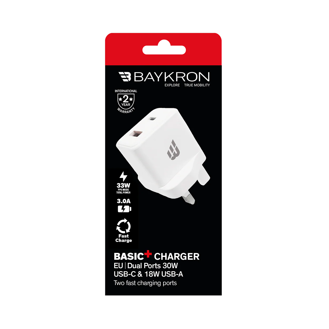 Baykron BASIC+ Wall Charger 33 w type-C & type A UK, White