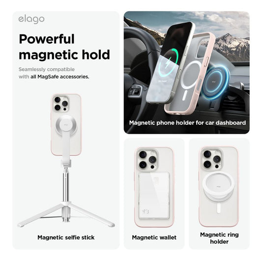 Elago Magnetic Hybrid Case for iPhone 16 Pro, Soft Feeling Clear & Lovely Pink with MagSafe