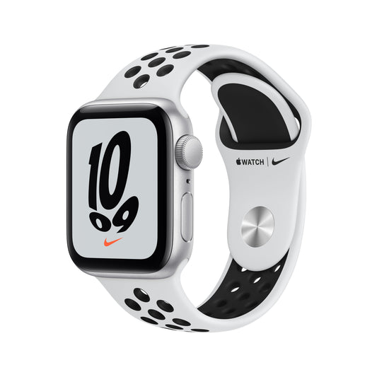 ساعة Apple Watch Nike SE GPS، 40 مم، إطار من الألمنيوم الفضي مع Loop Nike سبورت باللون البلاتيني النقي/الأسود - عادي