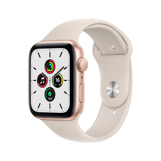 ساعة Apple Watch SE GPS، 44 مم، إطار من الألمنيوم الذهبي مع Loop رياضي بلون ستارلايت - عادي