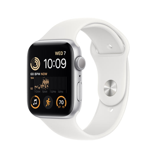 ساعة Apple Watch SE GPS 44 مم باللون الفضي وإطار من الألمنيوم مع Loop رياضي أبيض - عادي