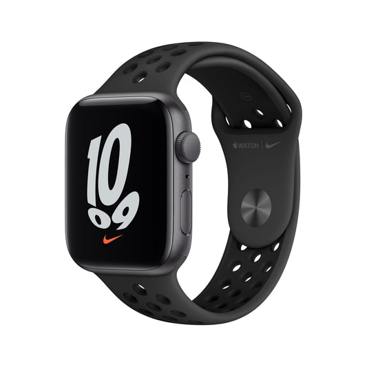 ساعة Apple Watch Nike SE GPS، 44 مم، إطار من الألمنيوم الرمادي مع Loop Nike Sport باللون الأنثراسيت/الأسود - عادي
