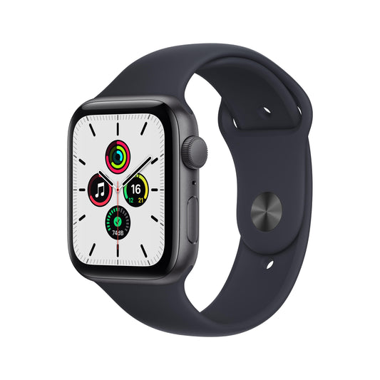 ساعة Apple Watch SE GPS، 44 مم، إطار من الألمنيوم الرمادي مع Loop رياضي ميدنايت - عادي