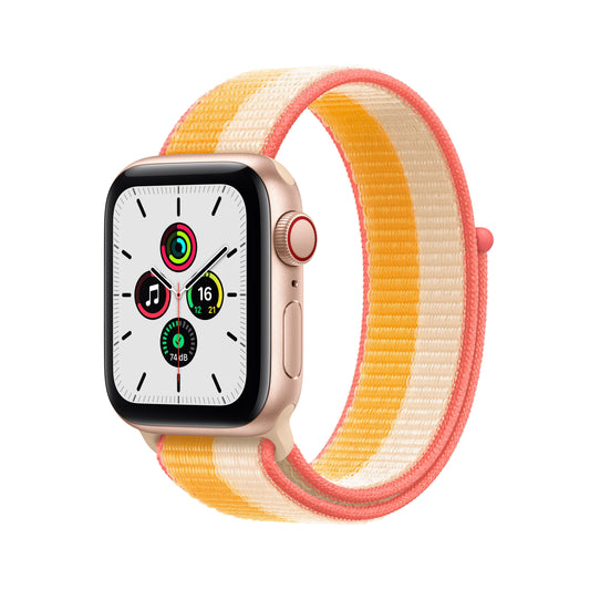 ساعة Apple Watch SE GPS + شريحة، 40 مم، إطار من الألمنيوم الذهبي مع Loop رياضية باللون الأصفر/الأبيض.