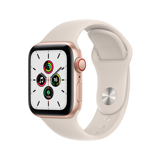 ساعة Apple Watch SE GPS + شريحة، 40 مم، إطار من الألمنيوم الذهبي مع Loop رياضي بلون ستارلايت - عادي