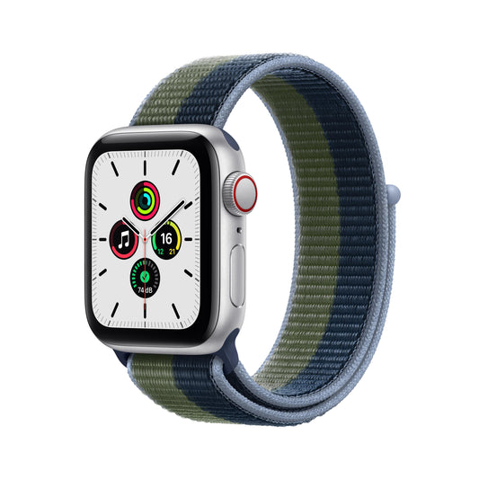 ساعة Apple Watch SE GPS + شريحة، 40 مم، إطار من الألمنيوم الفضي مع Loop رياضية باللون الأزرق الغامق / الأخضر