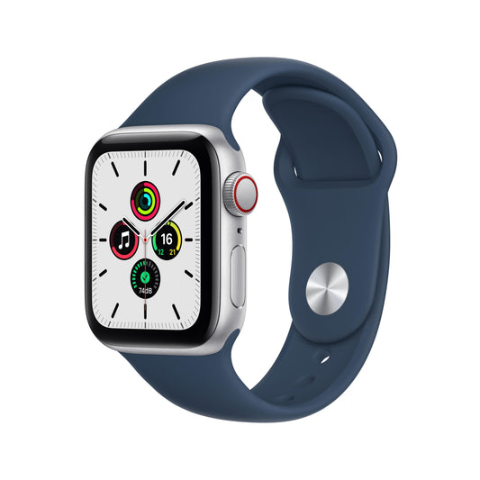 ساعة Apple Watch SE GPS + شريحة، 40 مم، إطار من الألمنيوم الفضي مع Loop رياضي أزرق غامق - عادي