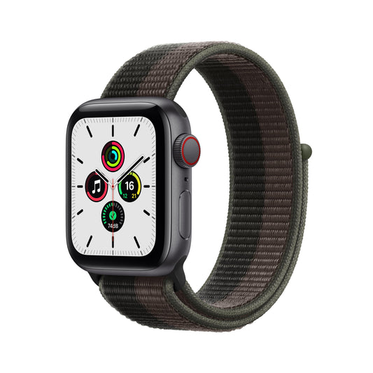 ساعة Apple Watch SE GPS + شريحة، 40 مم، إطار من الألمنيوم الرمادي مع Loop رياضية باللون رمادي تورنيدو