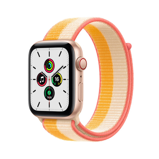 ساعة Apple Watch SE GPS + شريحة، 44 مم، إطار من الألمنيوم الذهبي مع Loop رياضية باللون الأصفر/الأبيض.