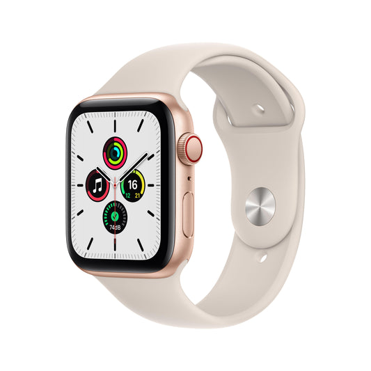 ساعة Apple Watch SE GPS + شريحة، 44 مم، إطار من الألمنيوم الذهبي مع Loop رياضي بلون ستارلايت - عادي