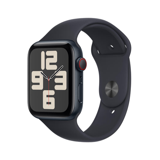 ساعة Apple Watch SE GPS + Cellular مقاس 44 مم، وإطار من الألومنيوم سماء الليل، حزام رياضي سماء الليل - متوسط/كبير