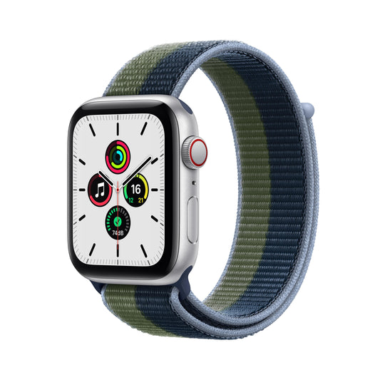 ساعة Apple Watch SE GPS + شريحة، 44 مم، إطار من الألمنيوم الفضي مع Loop رياضية باللون الأزرق الغامق / الأخضر