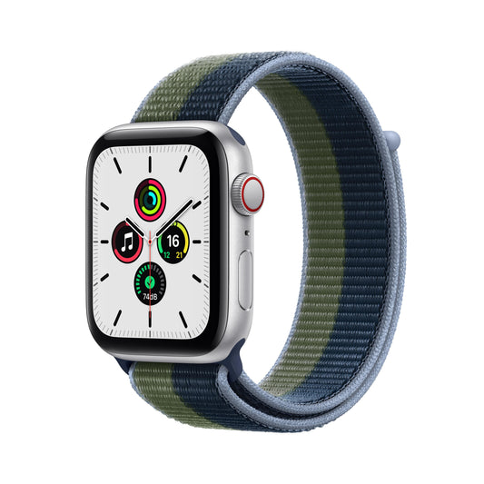 Apple Watch SE GPS + Cellular, 44mm Silver Aluminum Case with Abyss Blue/Moss Green Sport Loop