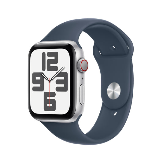 ساعة Apple Watch SE GPS + Cellular مقاس 44 مم، وإطار من الألومنيوم فضي، حزام رياضي أزرق عاصف - صغير/متوسط